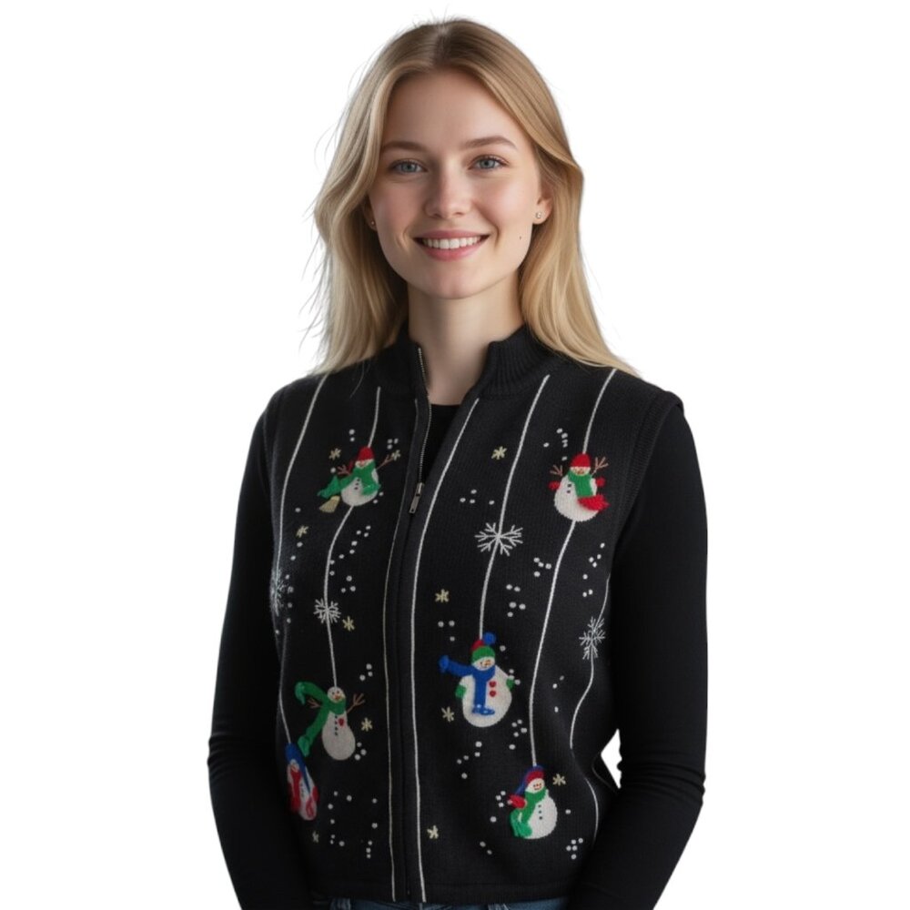 Cappagallo Women Sweater Vest Vintage‎ Snowmen Snow Winter Beaded Embroidered